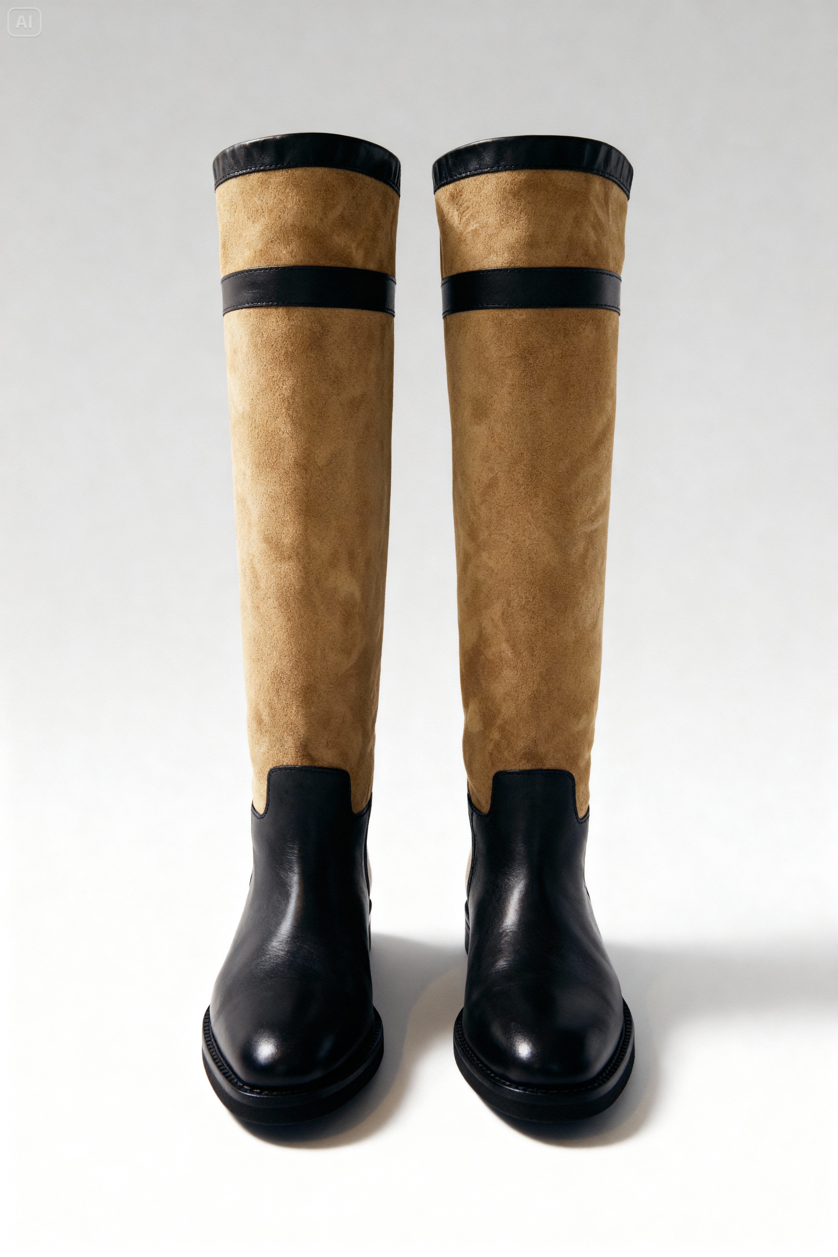 Koyu Bej-Siyah Renk Tonlarında Süet-Deri Çizme