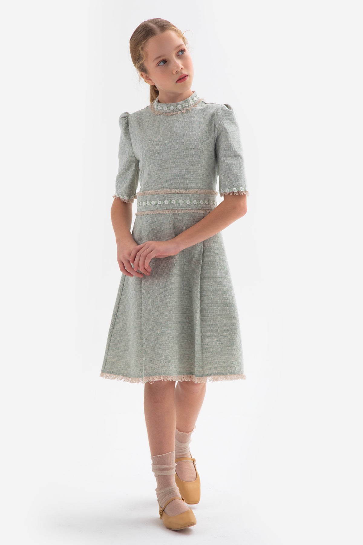 Nile Green Linen Blend Tweed Dress