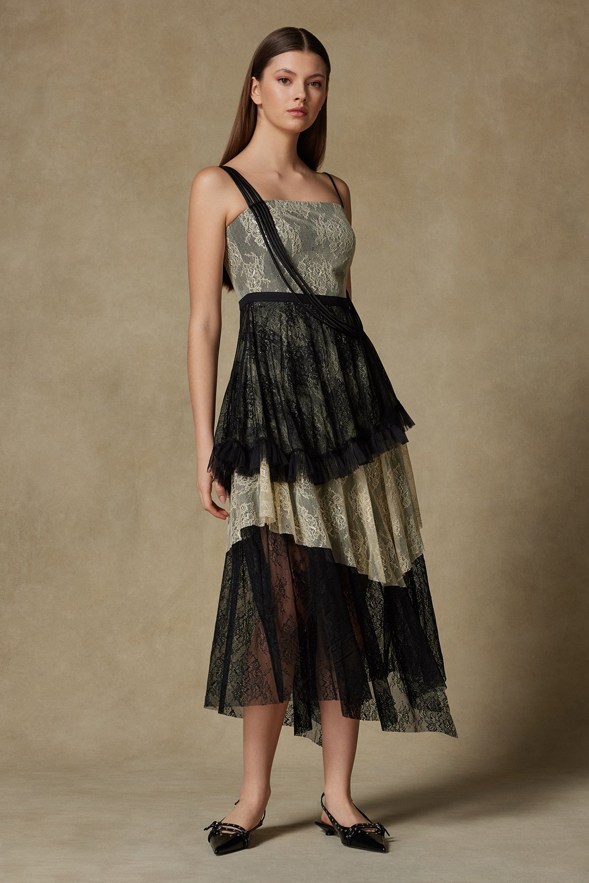 Beige/Black Asymmetric Strap Maxi Dress