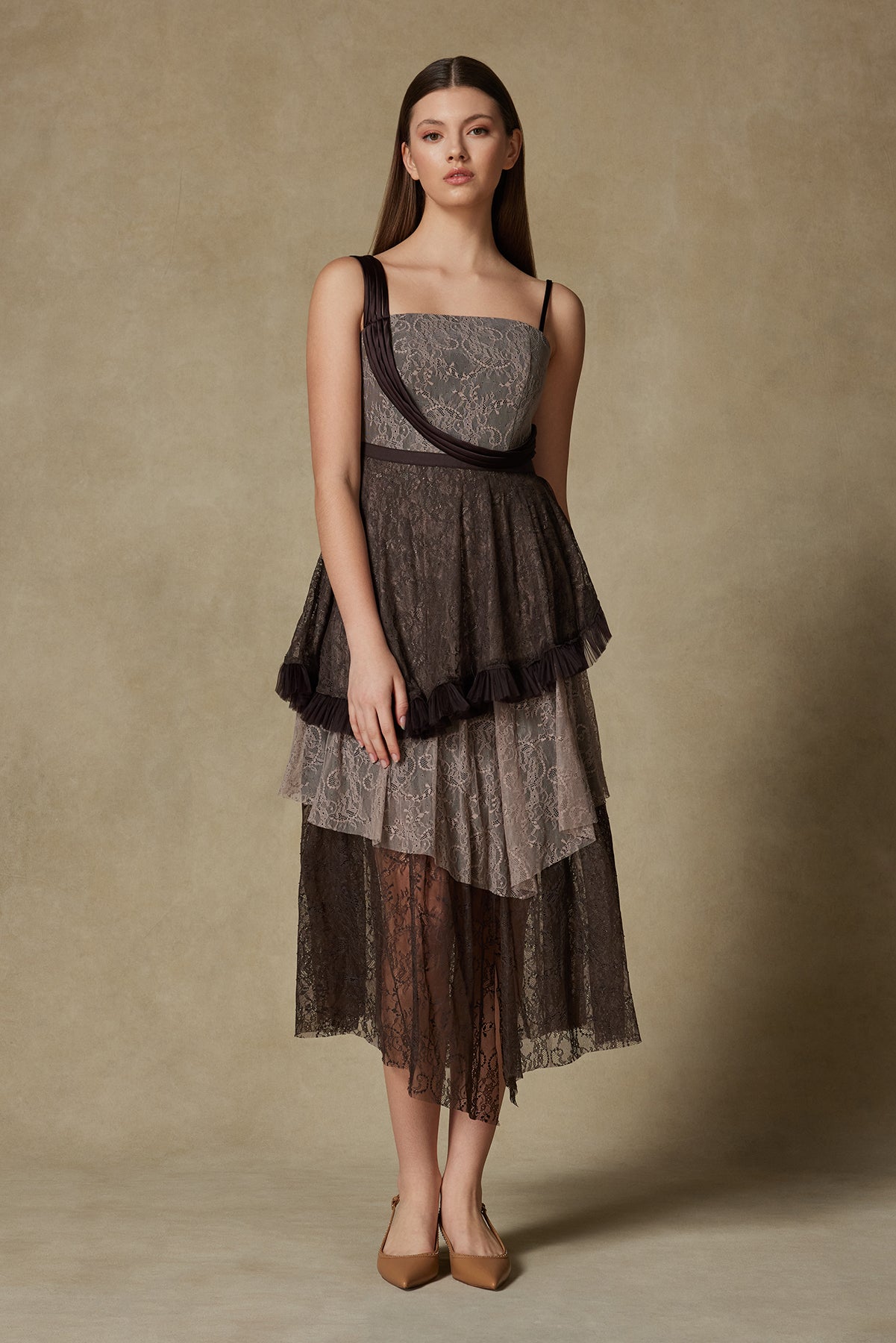 Light-Brown Asymmetric Strap Maxi Dress