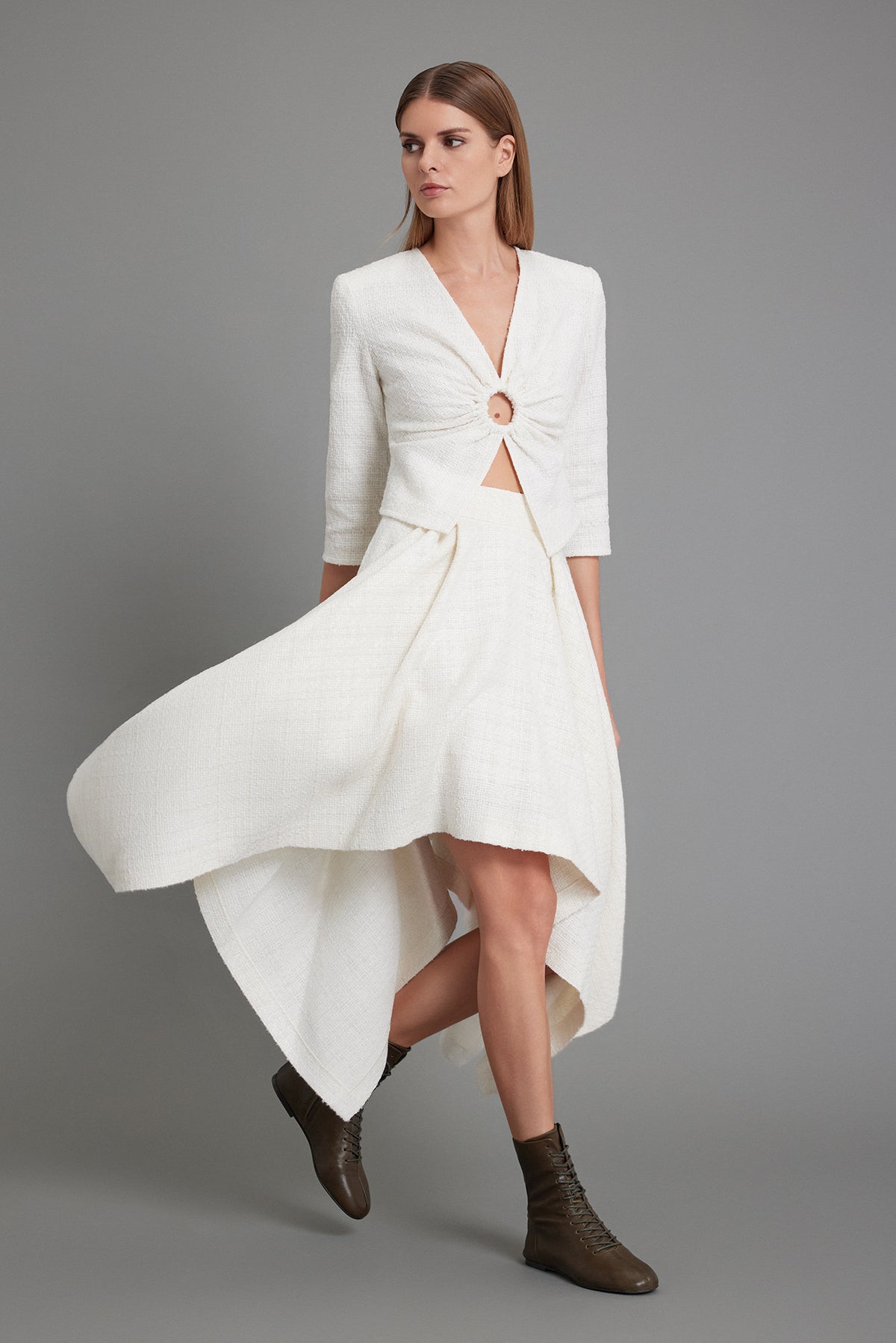 Handkerchief-Hem Cream Tweed Skirt