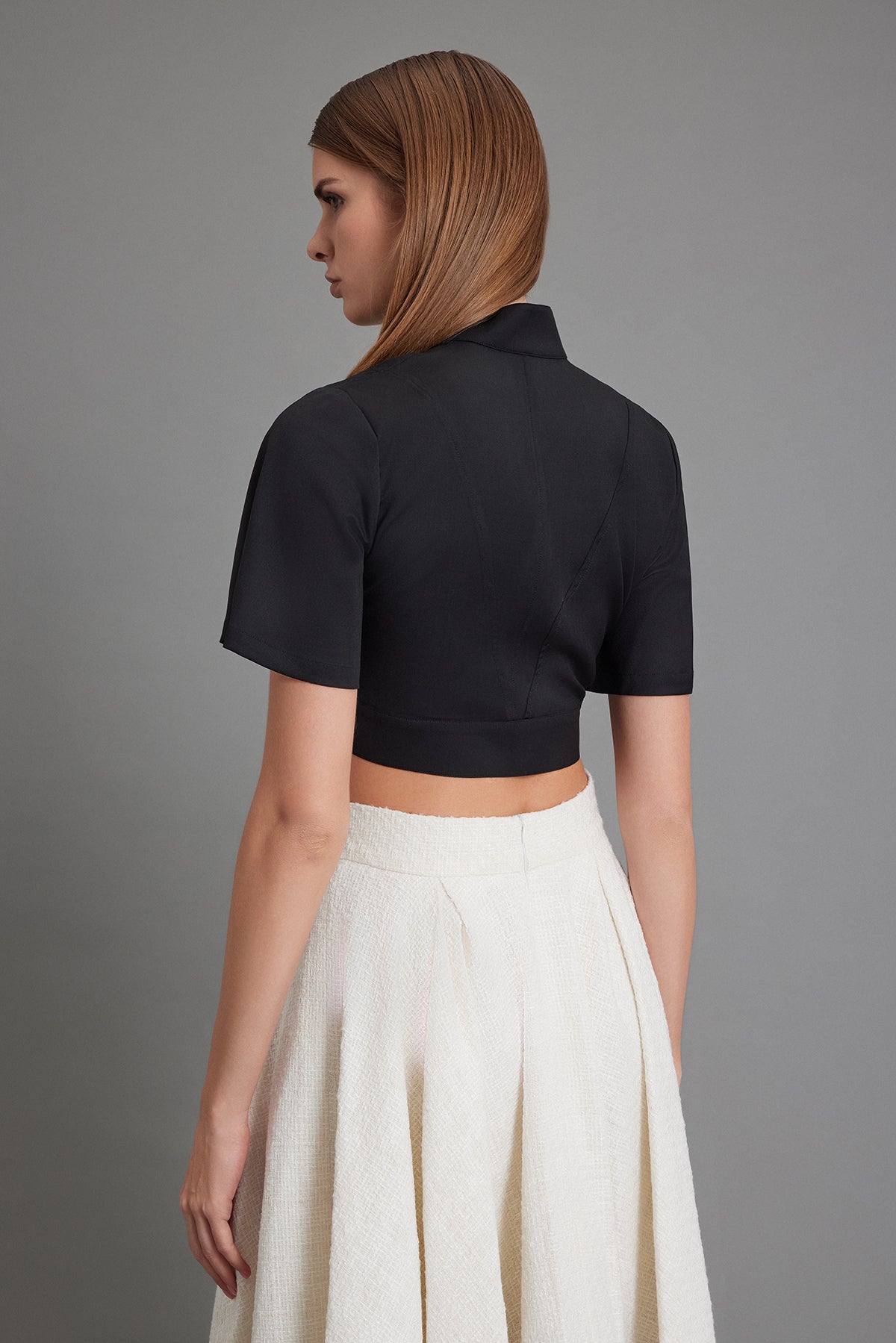 Eyelet-Detail Short-Sleeve Wool Blouse