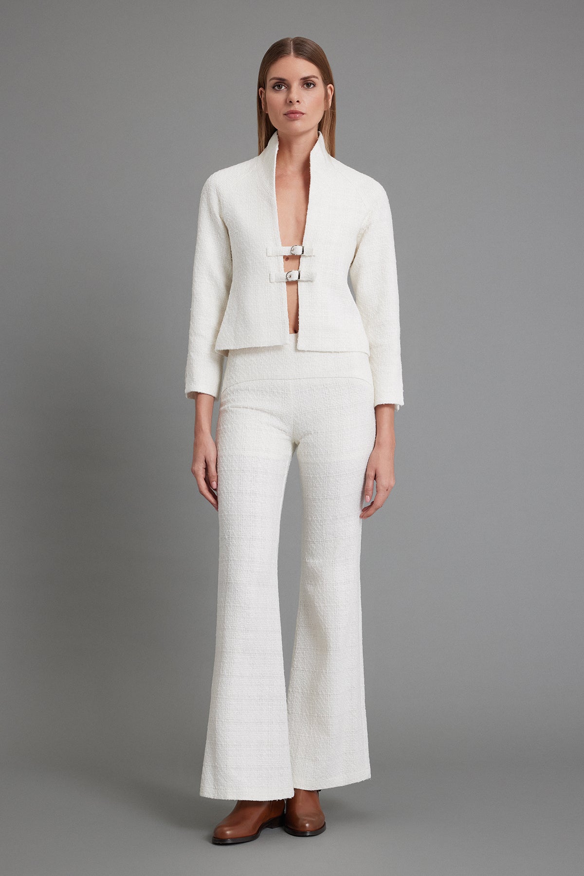 Cream Flare Tweed Trousers