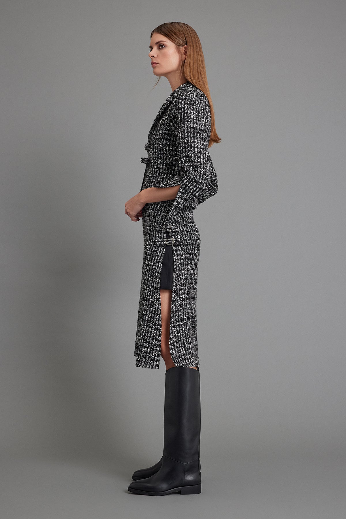 Deep-Slit Black & Cream Tweed Midi Skirt