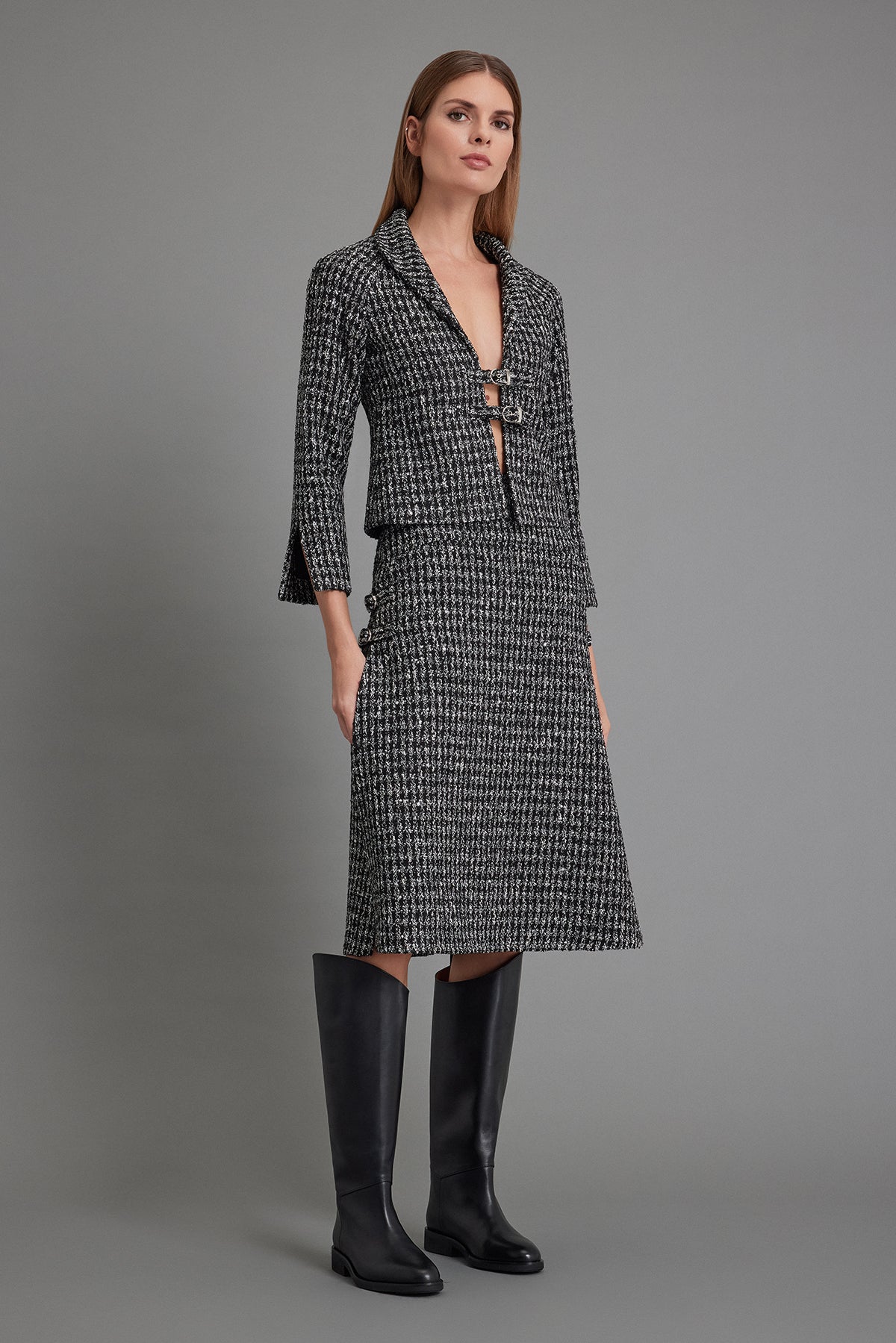 Black-Cream Tweed Top with Front Buckle Closure