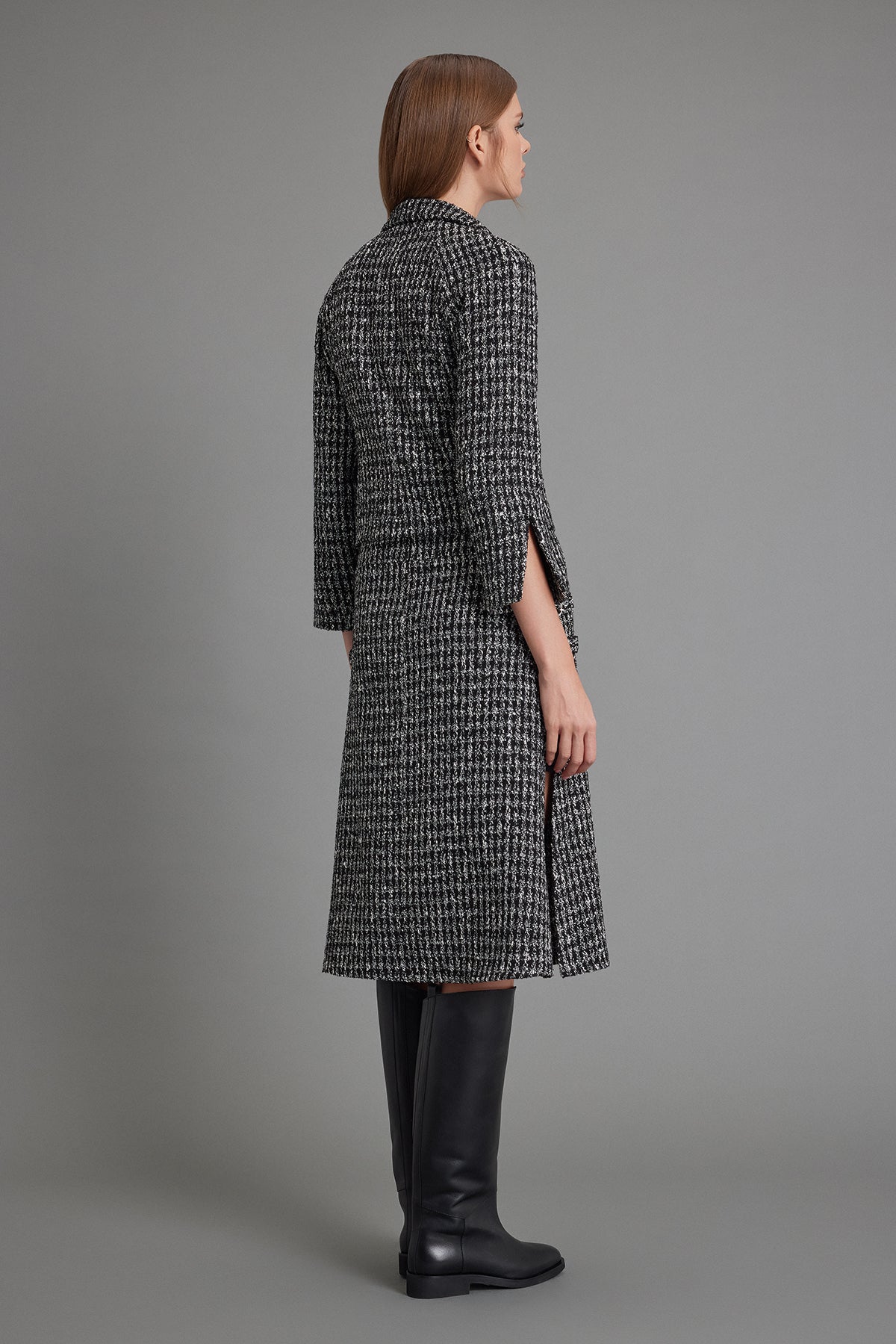 Deep-Slit Black & Cream Tweed Midi Skirt
