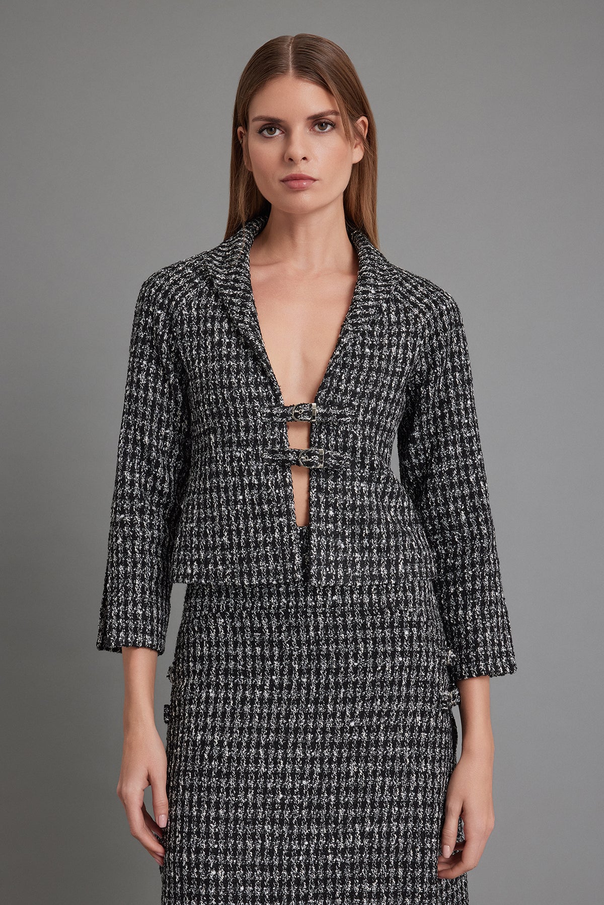 Black-Cream Tweed Top with Front Buckle Closure