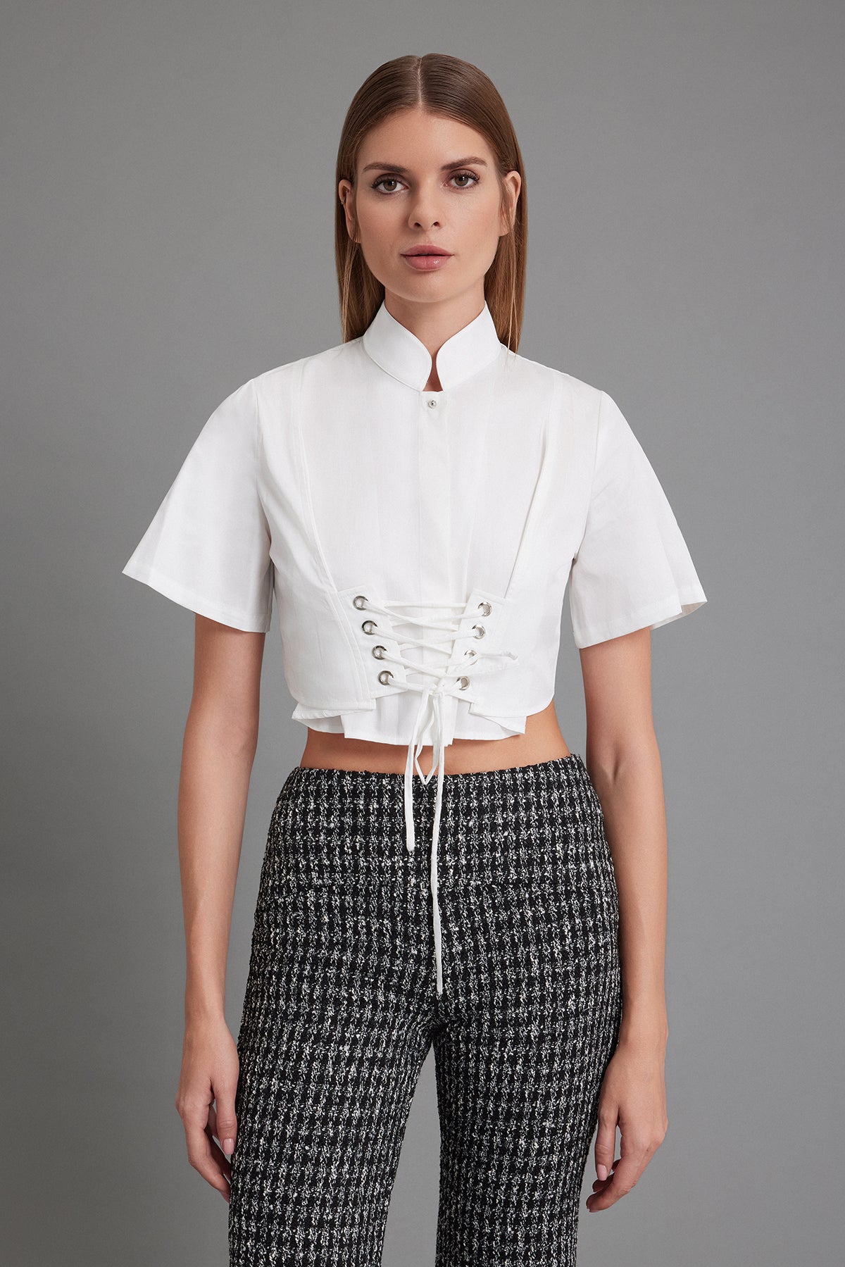 Eyelet-Detail Short-Sleeve Satin Poplin Blouse