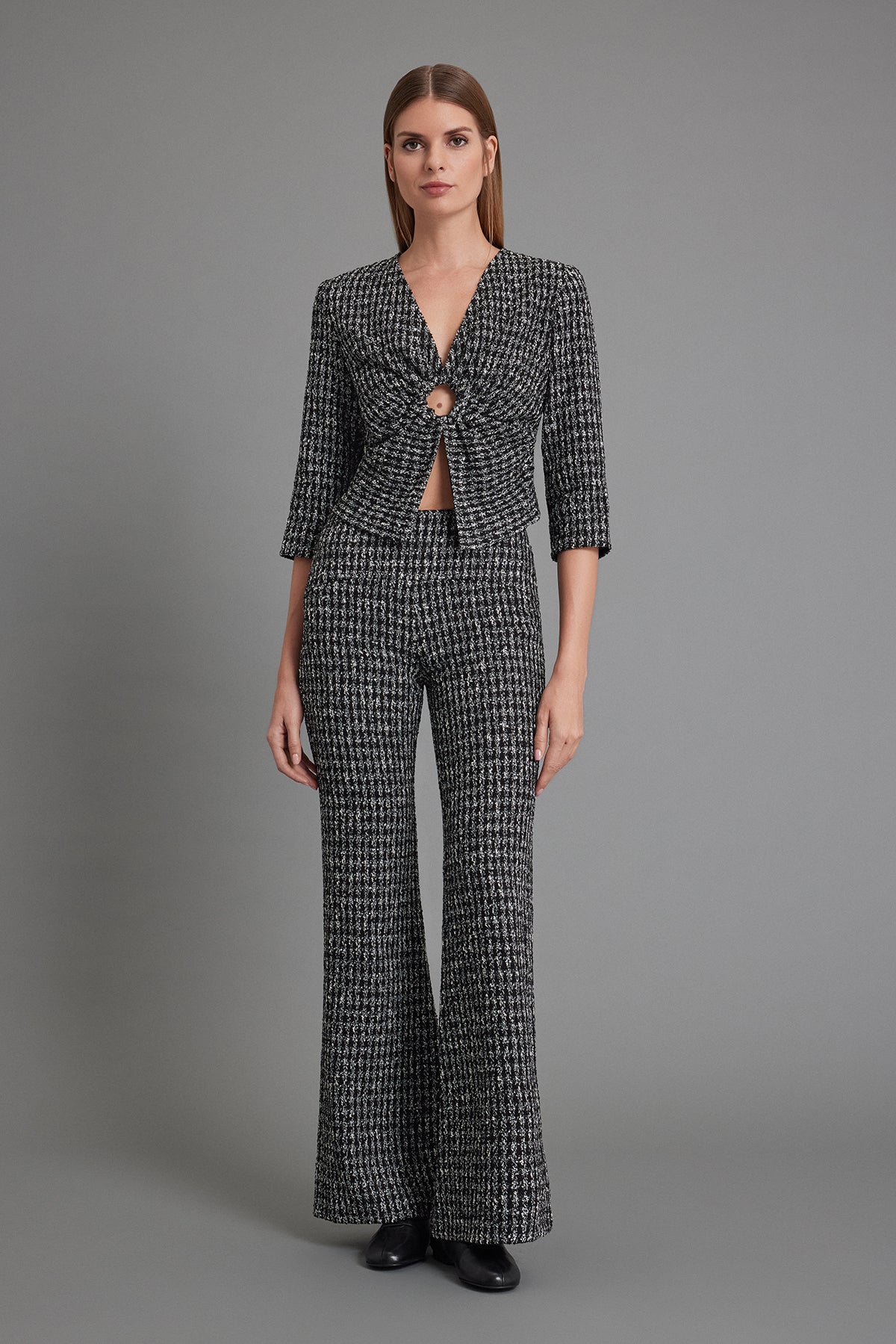 Black-Cream Flare Tweed Trousers