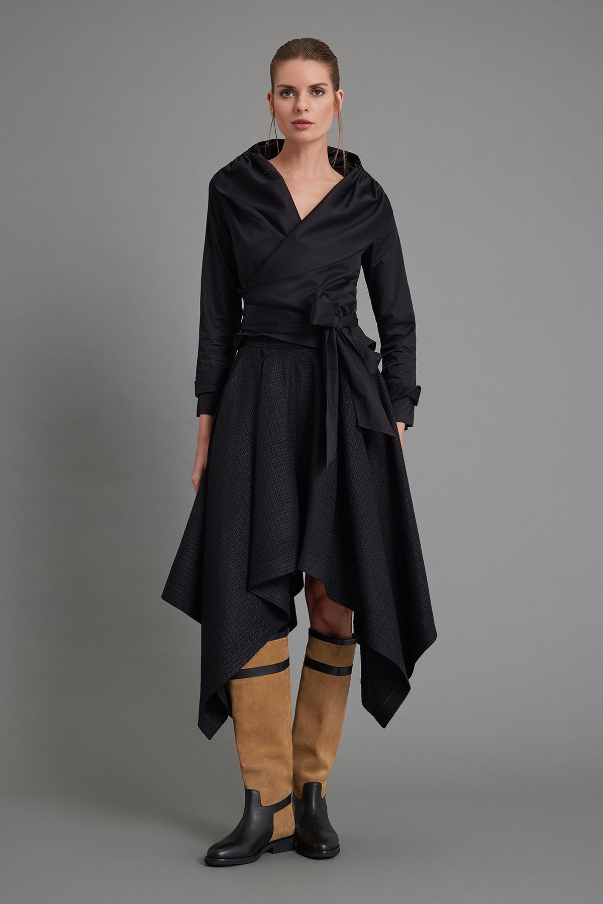 Handkerchief-Hem Black Tweed Skirt