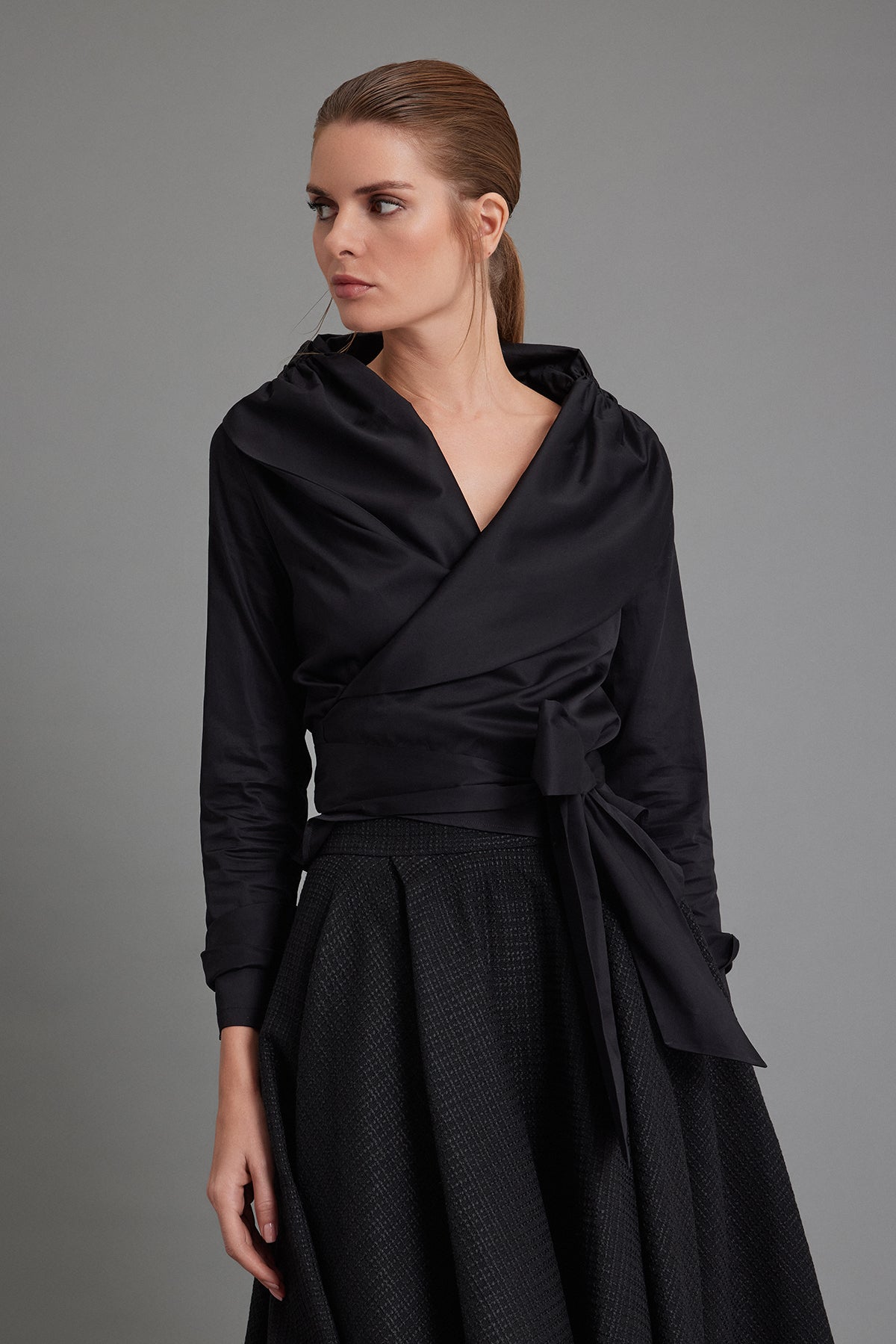 Draped-Collar Black Satin Poplin Blouse