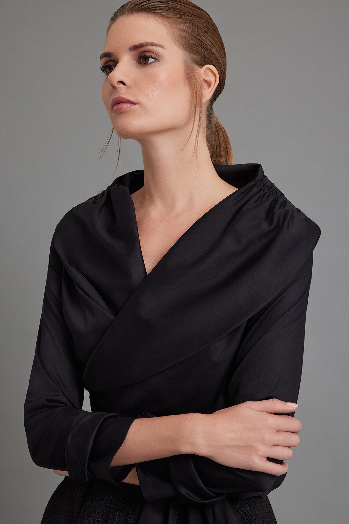 Draped-Collar Black Satin Poplin Blouse