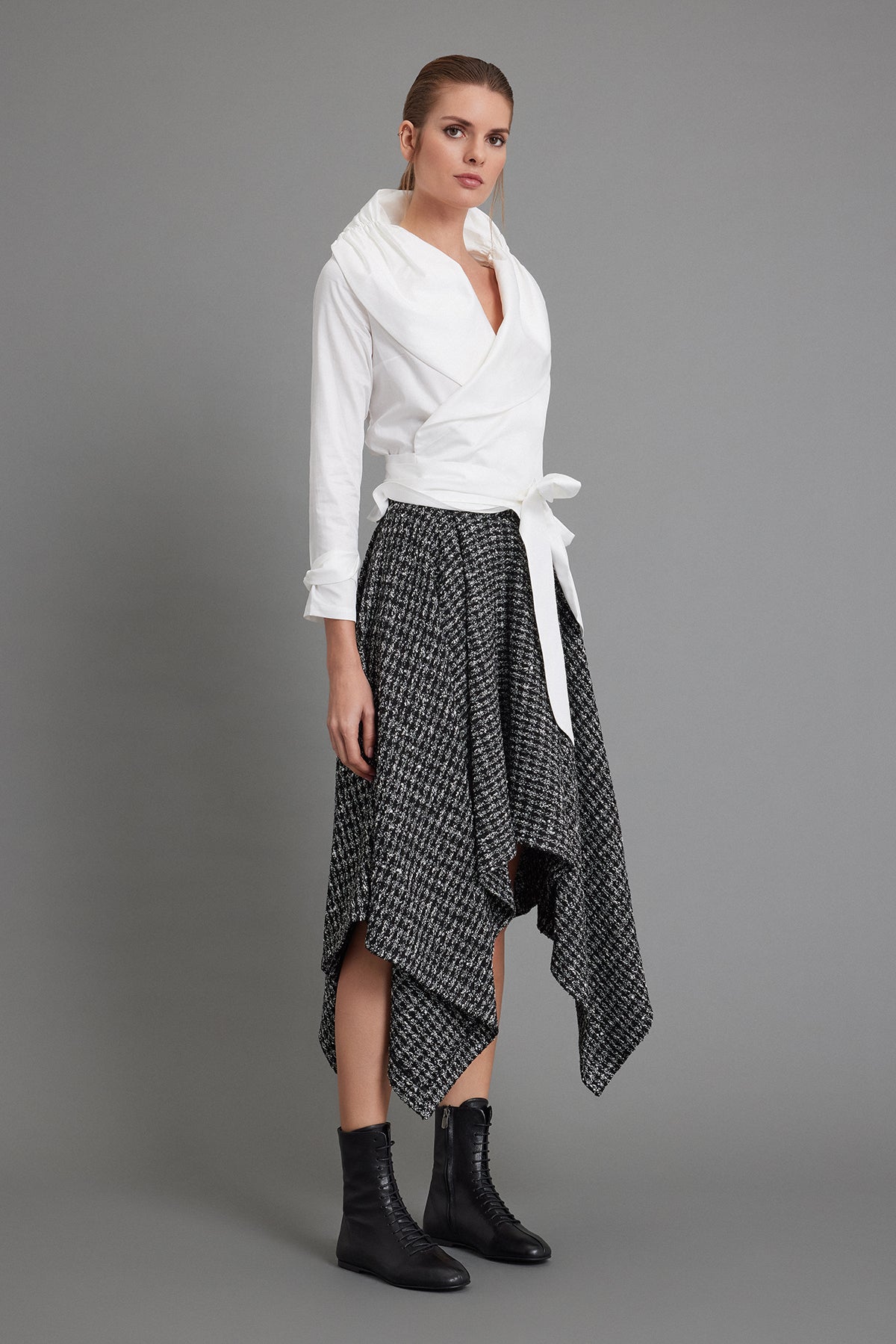 Draped-Collar Off-White Satin Poplin Blouse