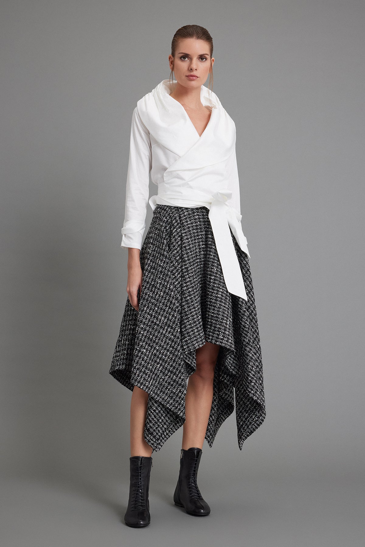 Handkerchief-Hem Black & Cream Tweed Skirt