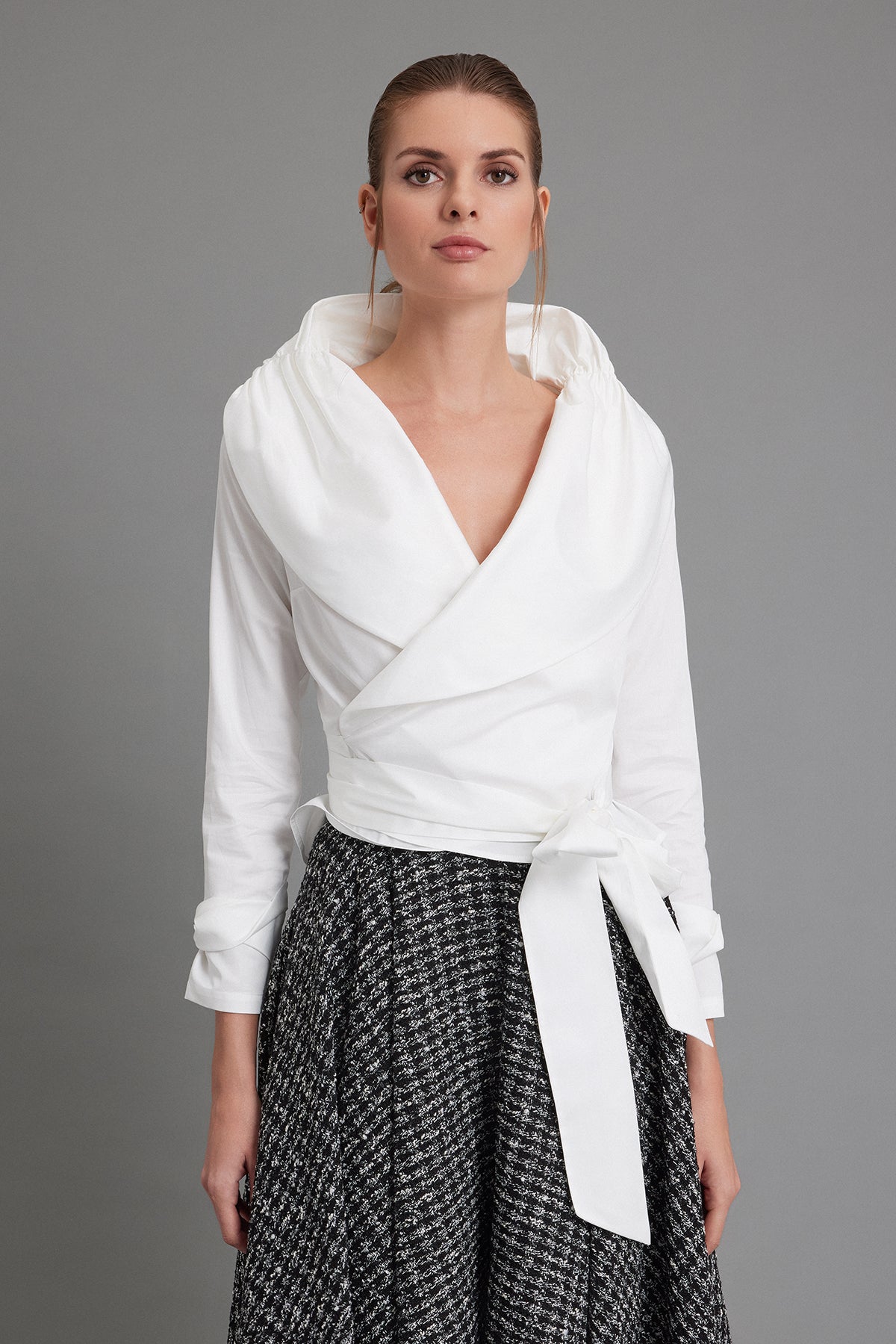 Draped-Collar Off-White Satin Poplin Blouse
