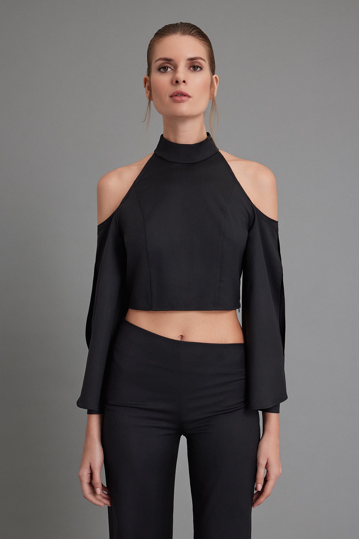 Long-Sleeve Wool Blouse with Elongated Layered Sleeve Detailing