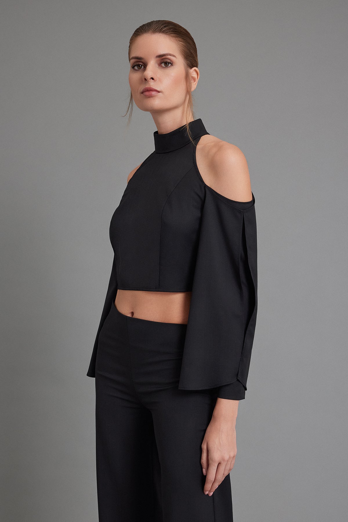 Long-Sleeve Wool Blouse with Elongated Layered Sleeve Detailing