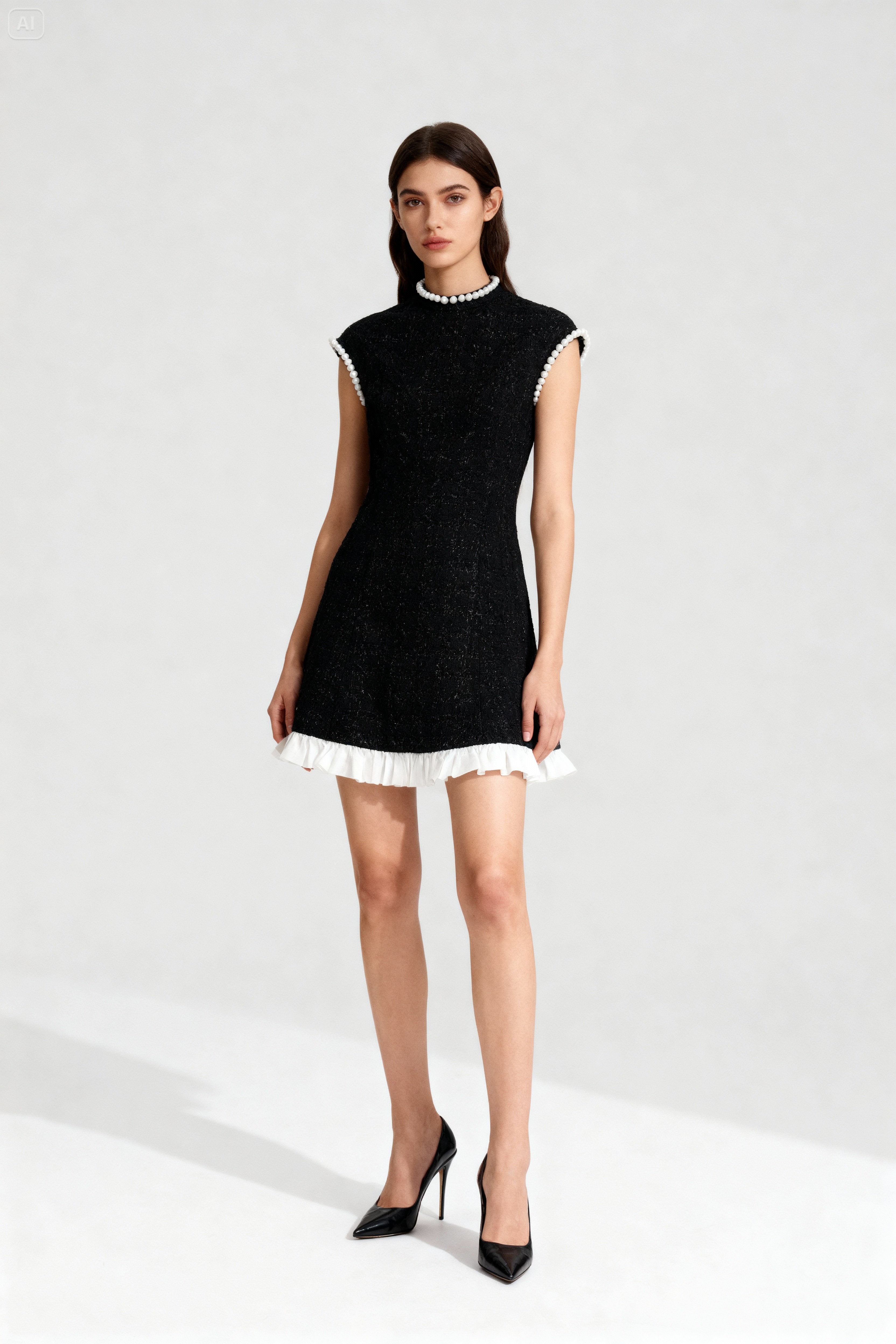 Black Tweed Dress with Pearl Details