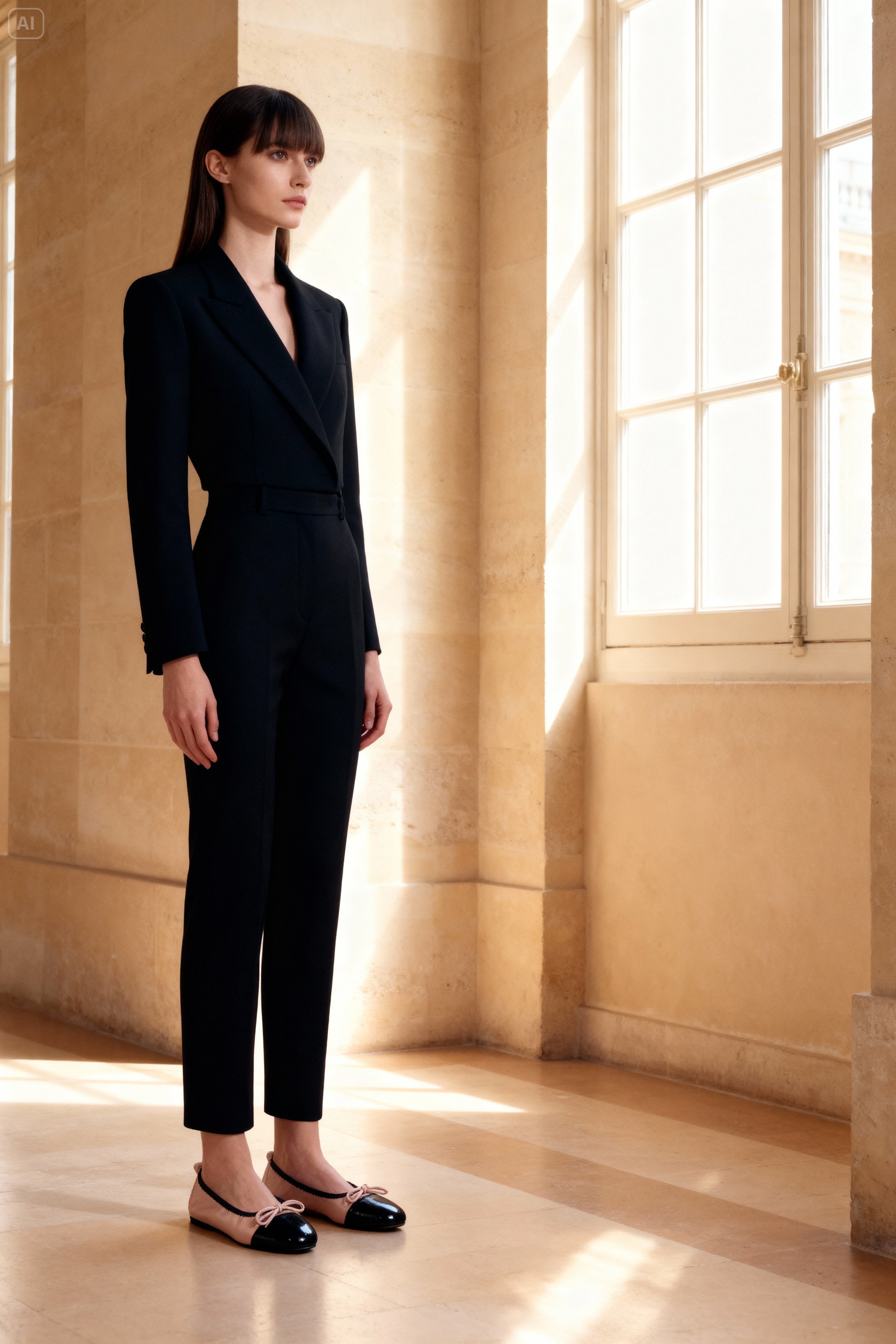 Pudra-Siyah Lastikli Balerin/Babet